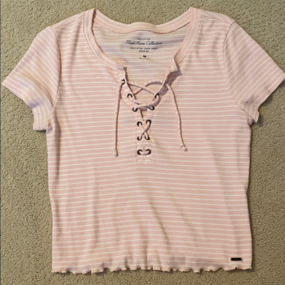 lace up stripe short sleeve crop top